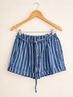 American Eagle Outfitters Blue and White Striped High-Waist Paperbag Shorts